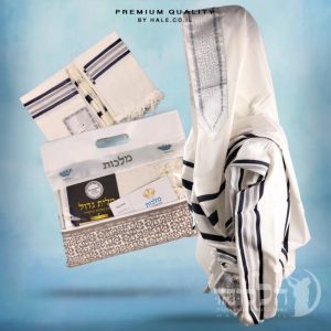 טלית 100% צמר תשבץ – פסים כחולים - 500