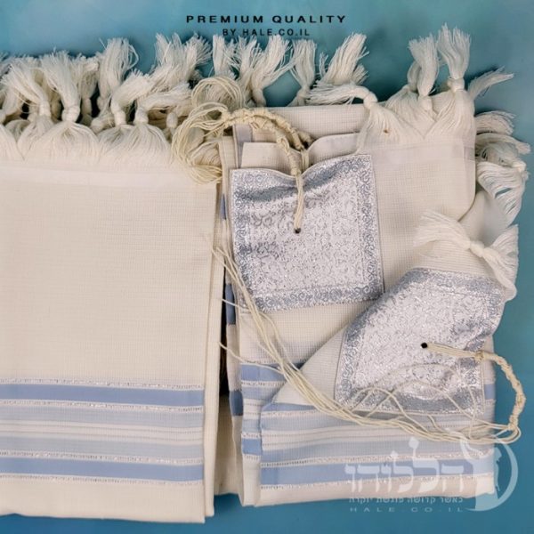 טלית 100% צמר תשבץ – פסים תכלת - 502
