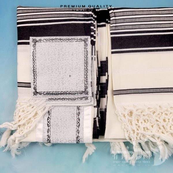 טלית תימנית 100% צמר חלק – פסים שחורים - 263