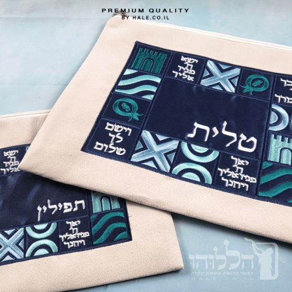 סט כיסוי לטלית ותפילין קטיפה בגוון לבן כחול דגם כהנים - 207